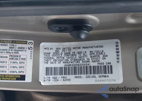 2008 Toyota Corolla Le from USA, damaged, VIN 1NXBR32E68Z006541